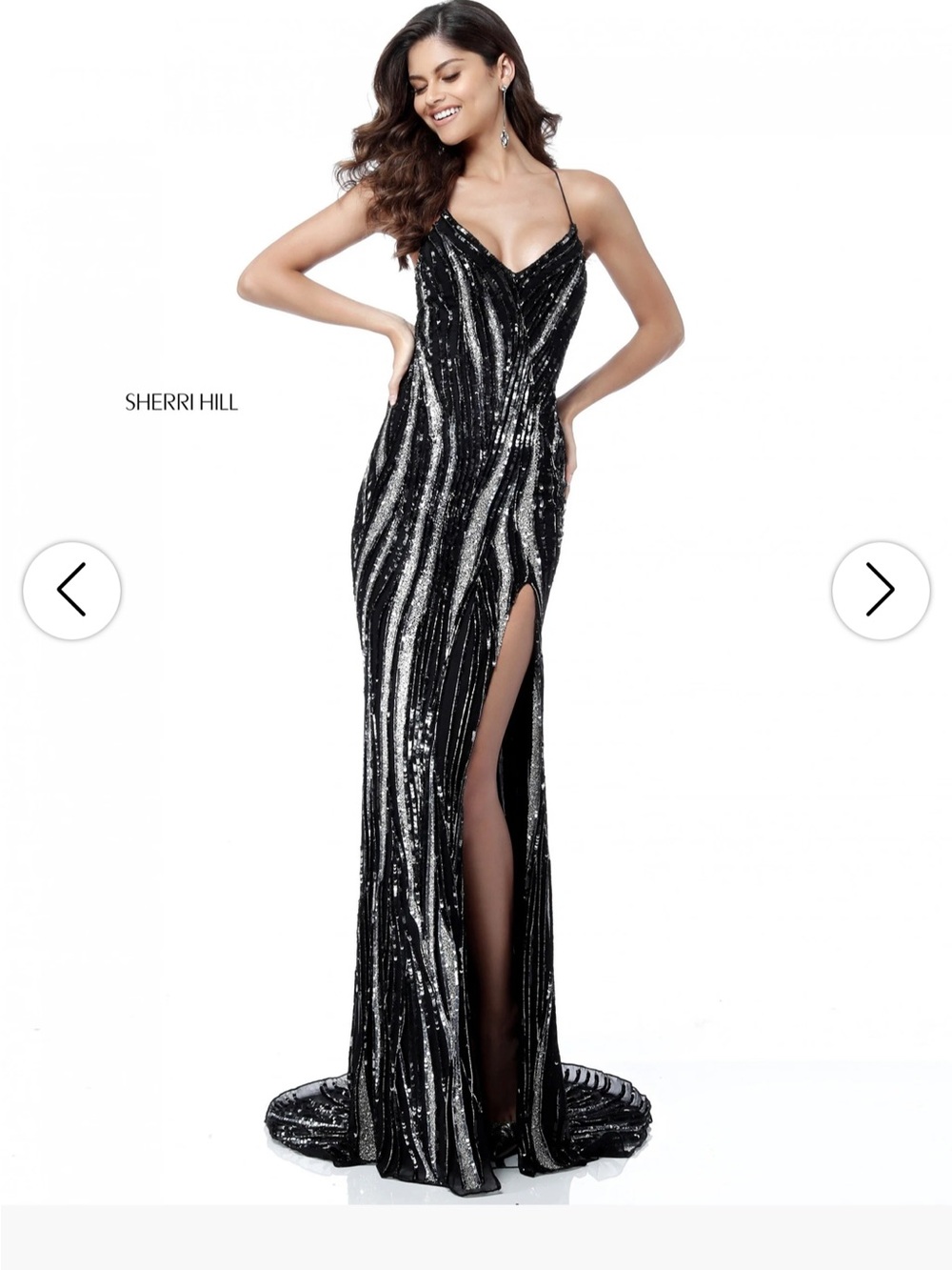 Sherri Hill Black and Silver Sequin Slit Evening Gown